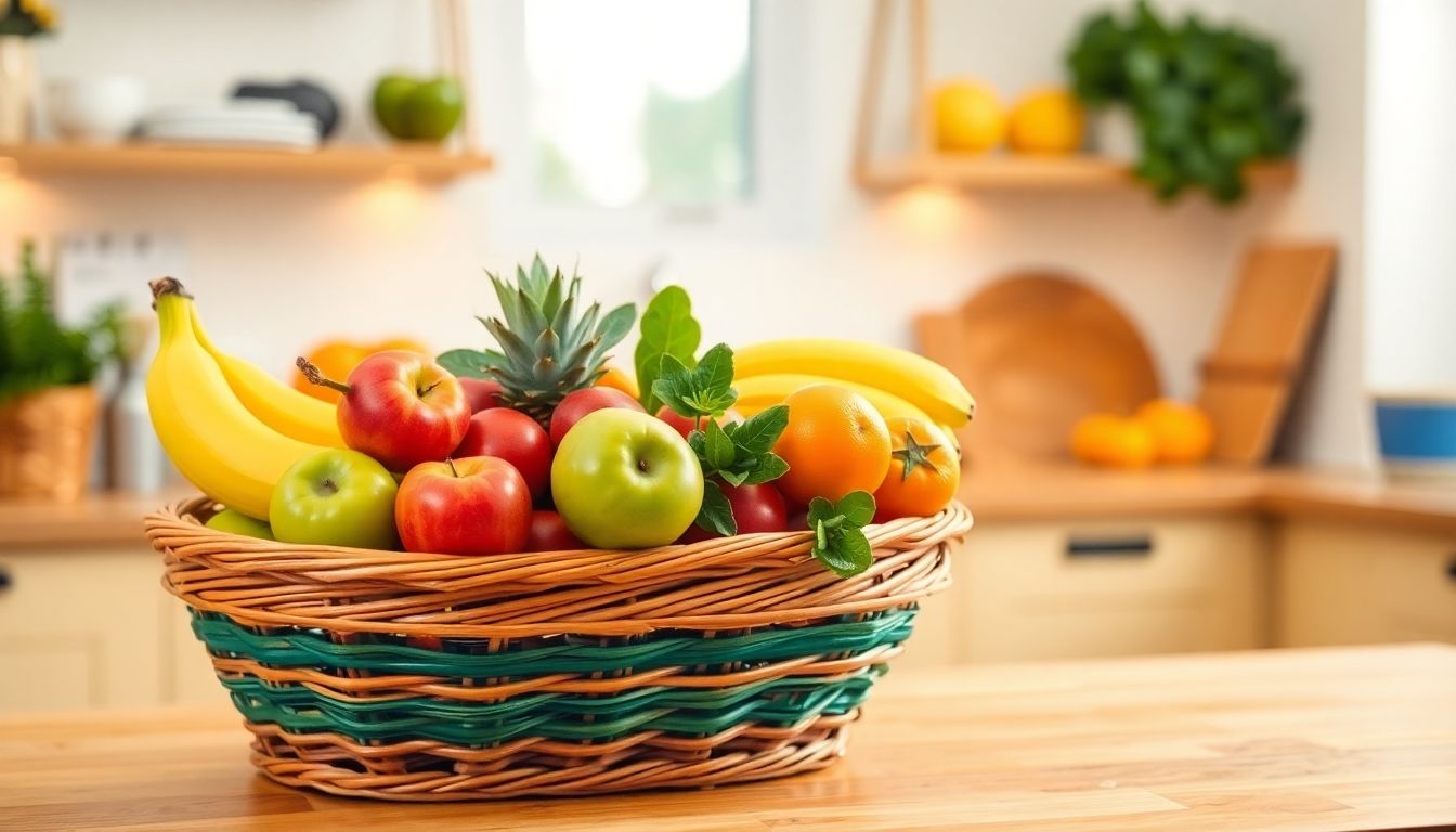 Strongyloidose und Ernährung: Colorful fruit basket in a cozy kitchen setting.