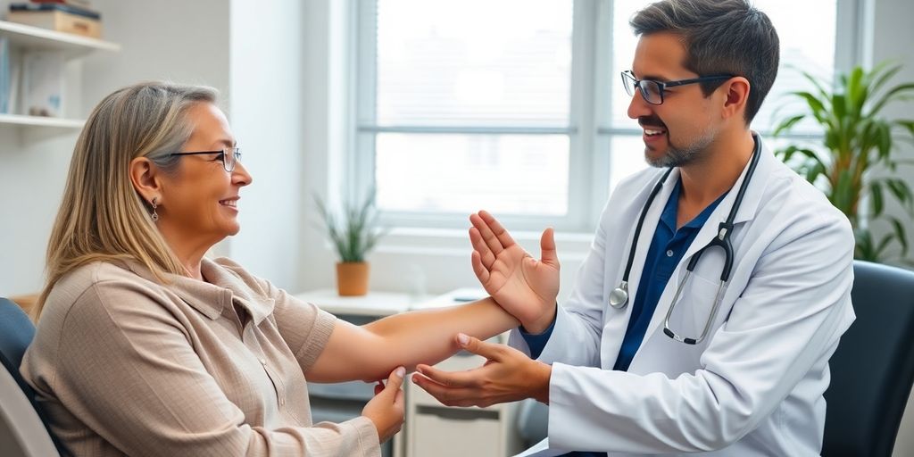Komplikationen und Speichenbruch: Patient und Arzt in einer hellen Praxis mit Verletzung.