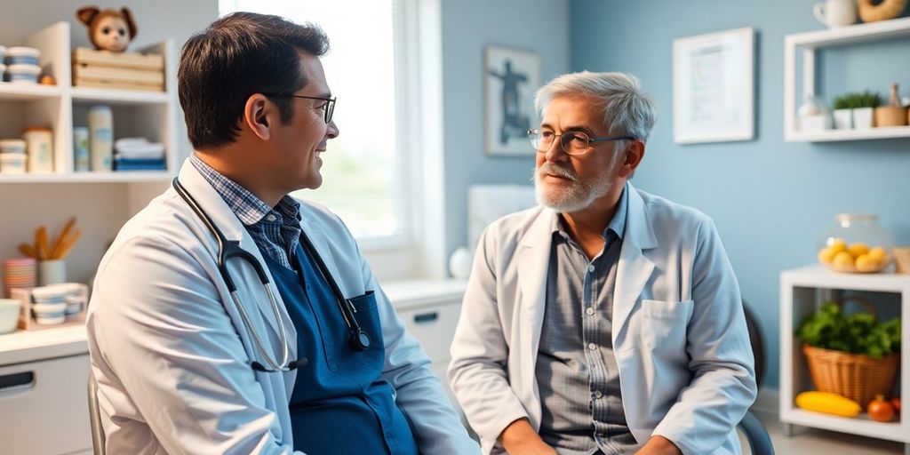 Speichenbruch: Patient spricht mit Arzt über Knochengesundheit in Praxis.