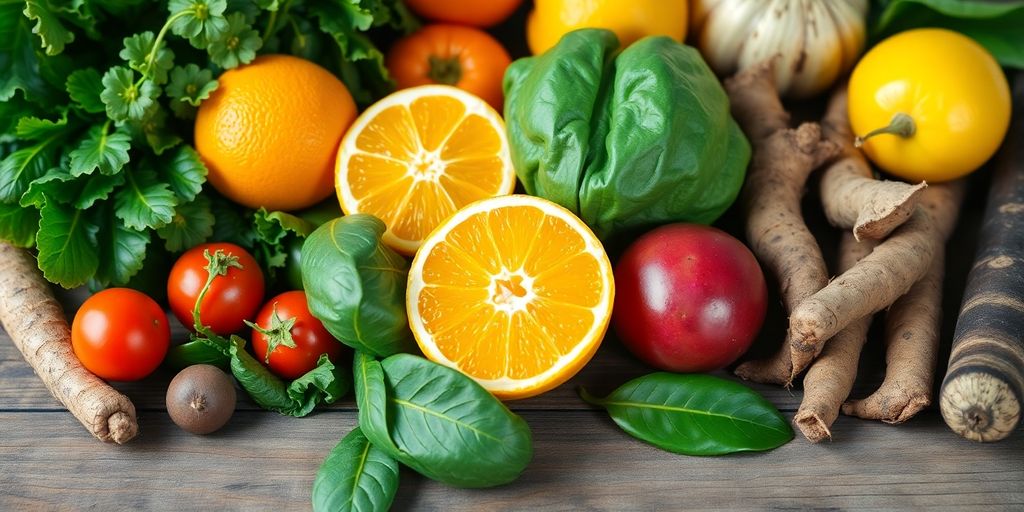 Prävention von Durchfall: Frisches Obst und Gemüse auf einem Holztisch.