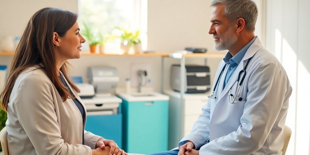 Urtikaria und Sport: Patient und Arzt in einer hellen Arztpraxis.