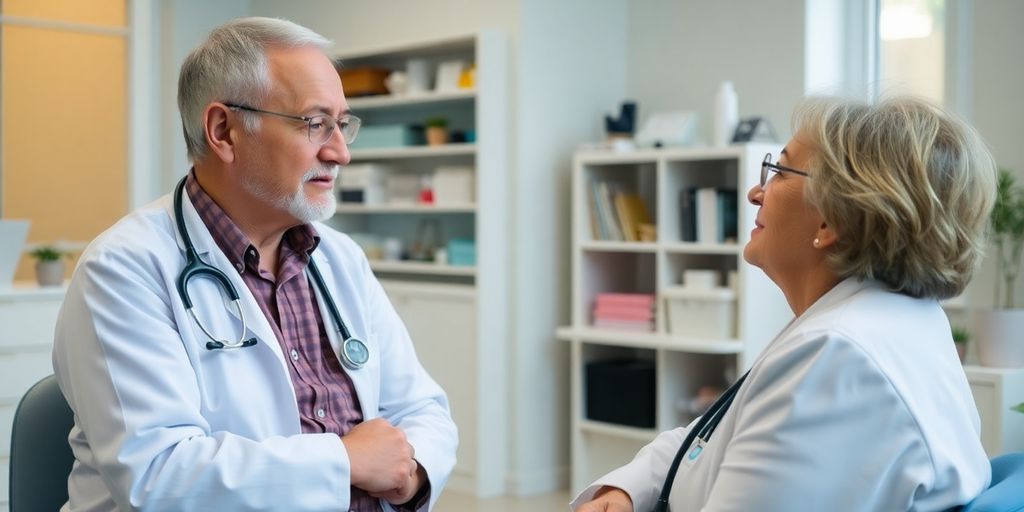 Schilddrüsenüberfunktion im Alter: Patient und Arzt in heller Arztpraxis bei Beratung.