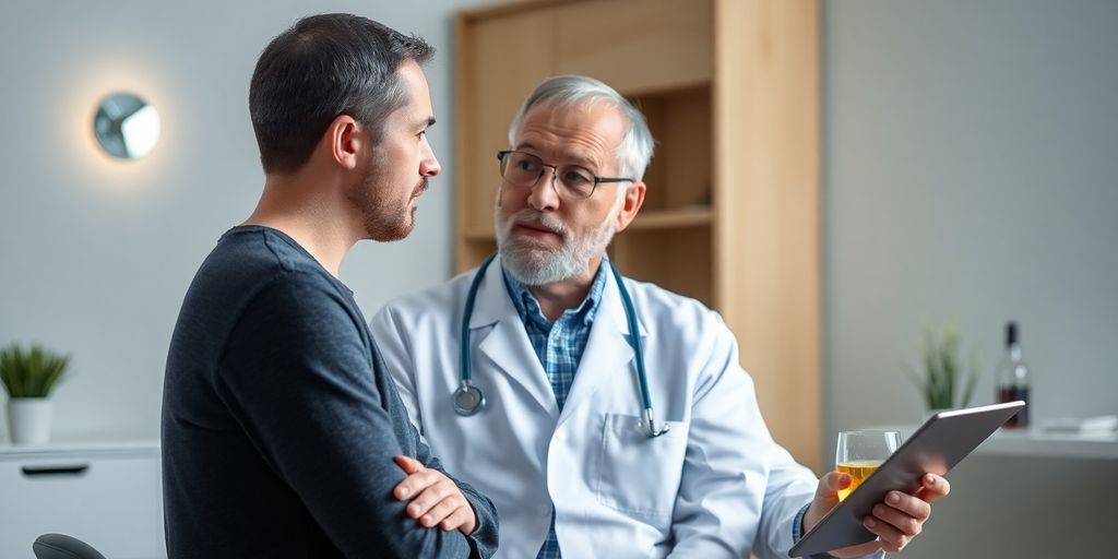 Schädel-Hirn-Trauma und Alkohol: Patient und Arzt in einer hellen Arztpraxis.