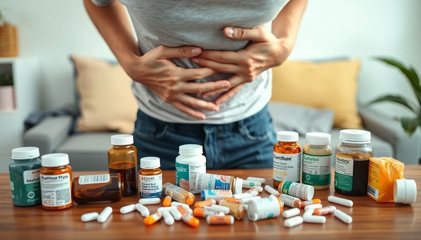 Durchfall und chronische Erkrankungen: Person with stomach pain and medications on the table.