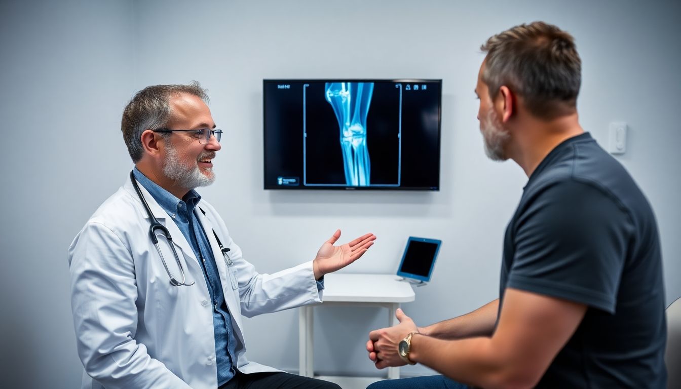 Arzt und Patient besprechen Knie-TEP in heller Praxis.