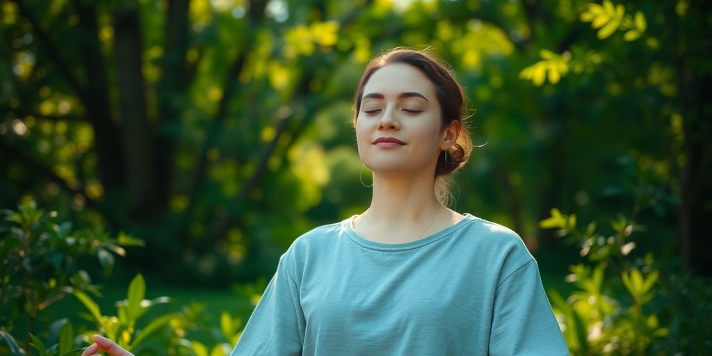 Meditierende Person in der Natur, umgeben von Ruhe.