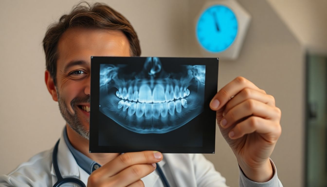 Zahnarzt lächelt freundlich, zeigt auf ein Röntgenbild.