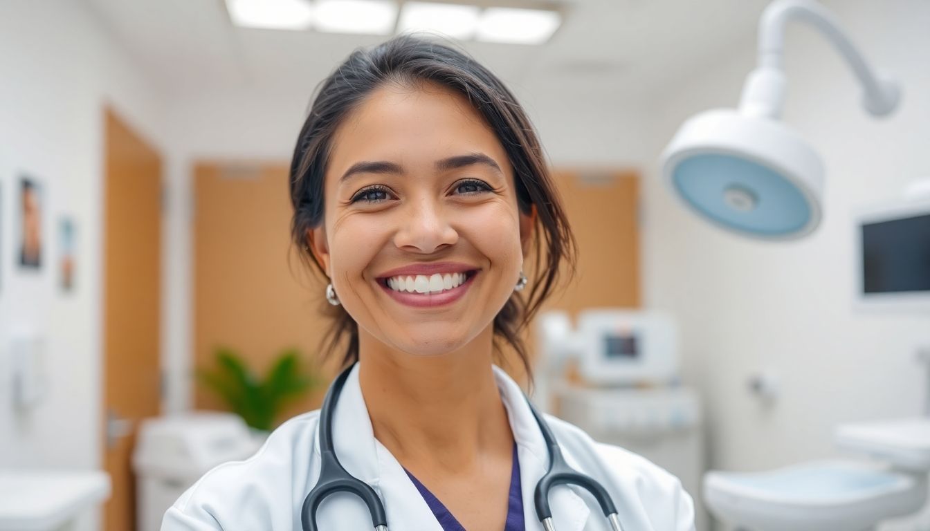 Smiling doctor in a bright clinic setting.