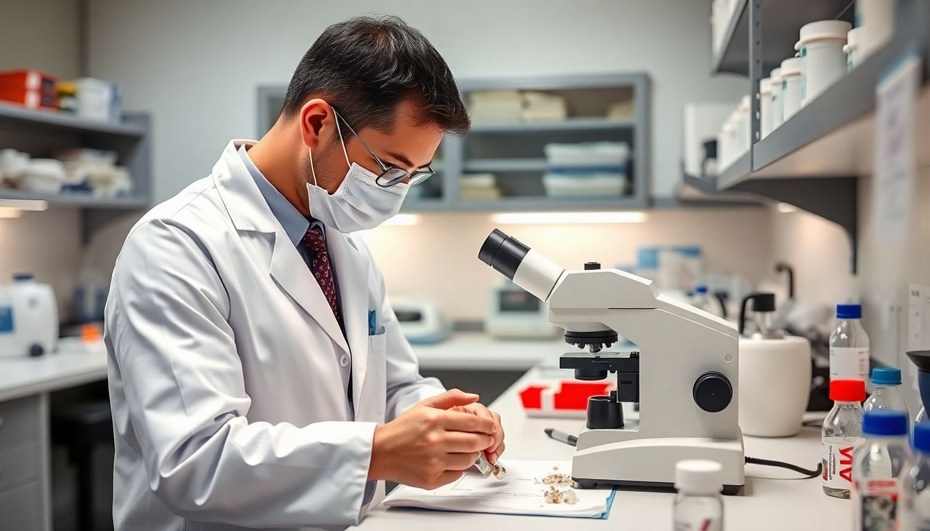 Diagnose der Leberegelinfektion: Doctor analyzing samples in a laboratory for infections.