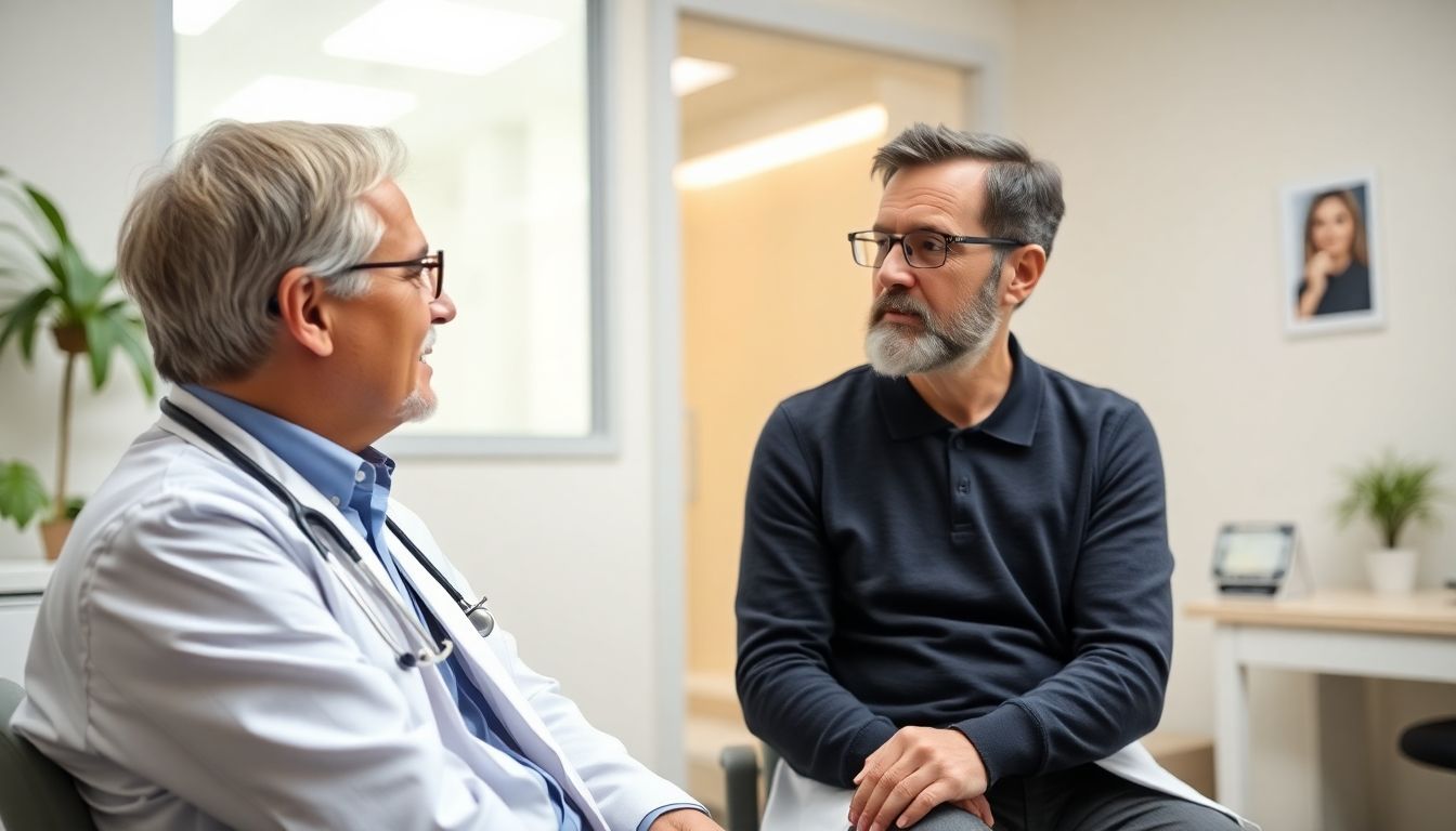Vertigo und Reisen: Doctor consulting with a patient in a bright office.