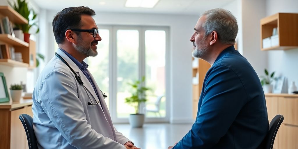 Prävention der Yersiniose: Patient und Arzt in einer hellen Arztpraxis.