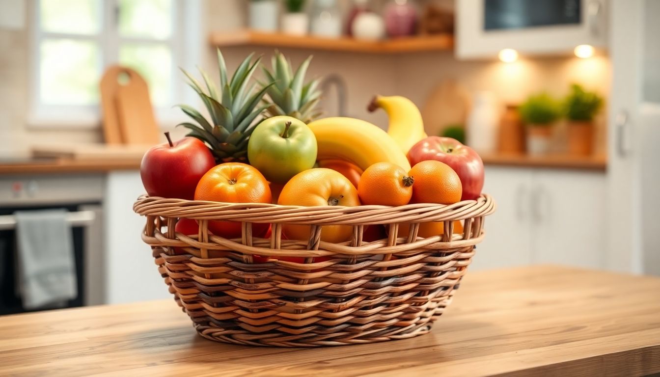 Yersiniose und Ernährung: Colorful fruit basket in a cozy kitchen setting.