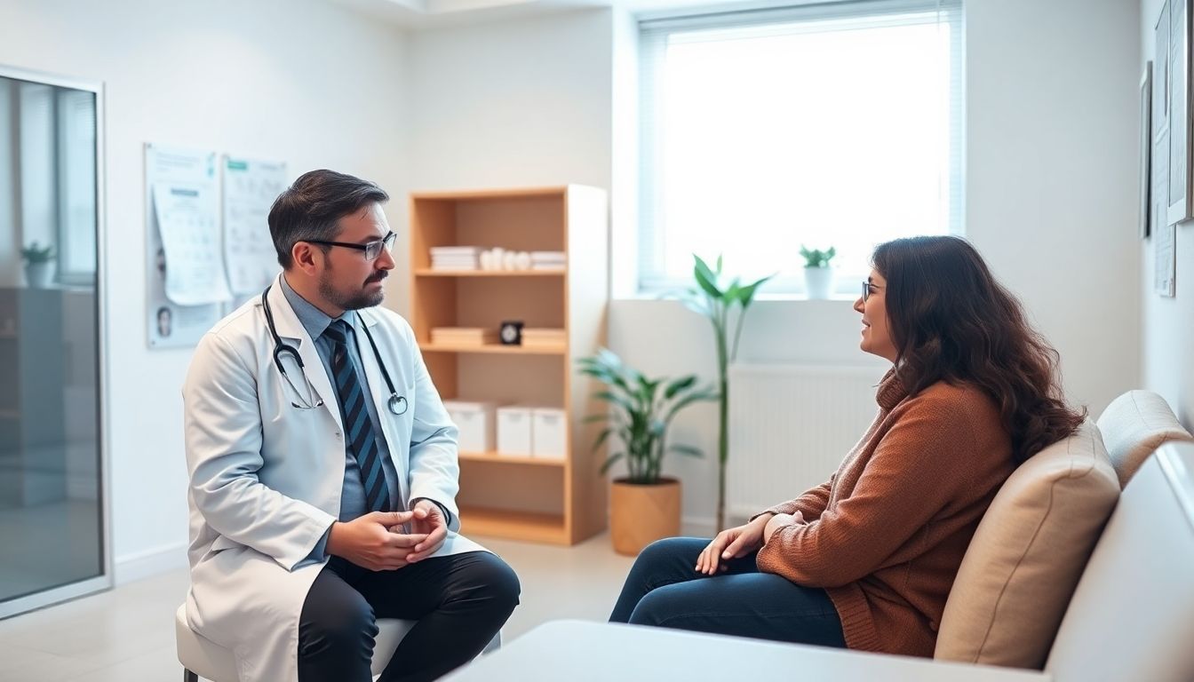 Langfristige Prognose des Restless-Legs-Syndroms: Doctor and patient consultation in a bright clinic.