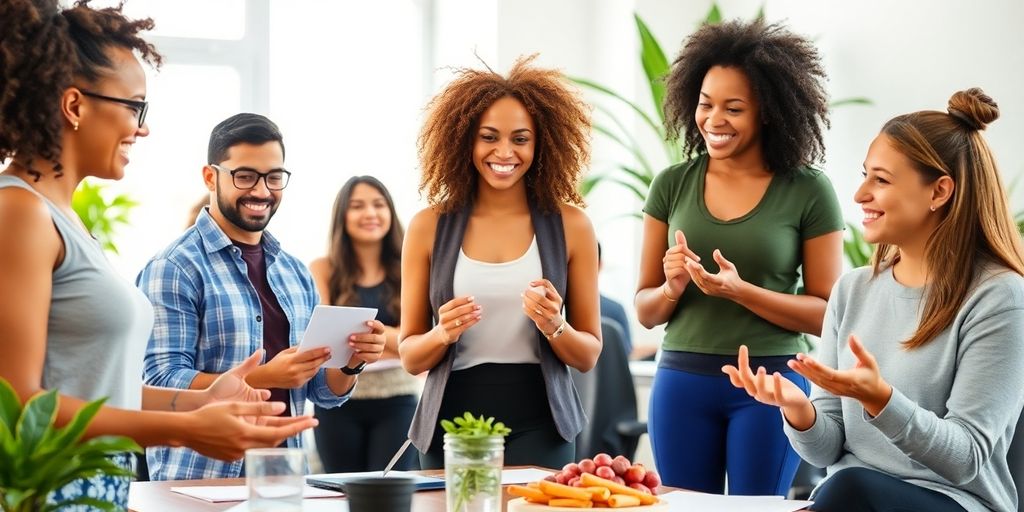 Betriebliches Gesundheitsmanagement: Gesunde Mitarbeiter in einem modernen Büro bei Aktivitäten.