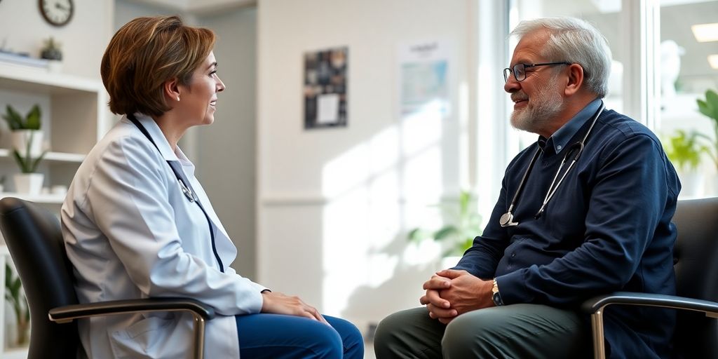 Patient und Arzt im medizinischen Gespräch über Rektalkarzinom.