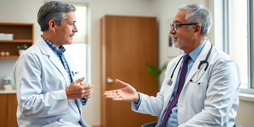 Patient und Arzt im Gespräch in einer Praxis.