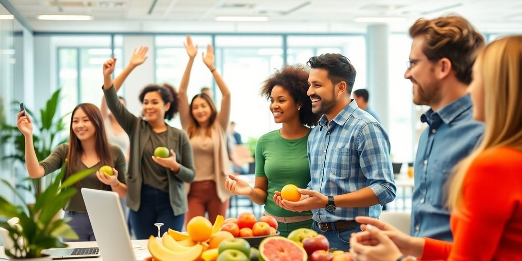 Betriebliches Gesundheitsmanagement: Gesunde Mitarbeiter in einer modernen Büroumgebung.