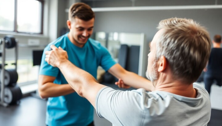 Sportphysiotherapie: Physiotherapeut unterstützt Patient bei einer Übung im Behandlungsraum.
