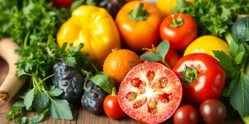 Leberegelinfektion und Ernährung: Frisches Gemüse und Kräuter auf einem Holztisch.