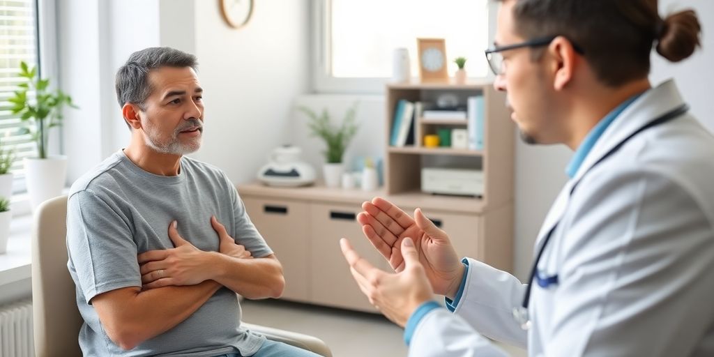 Symptome des Thorakalsyndroms: Patient und Arzt in heller medizinischer Praxis.