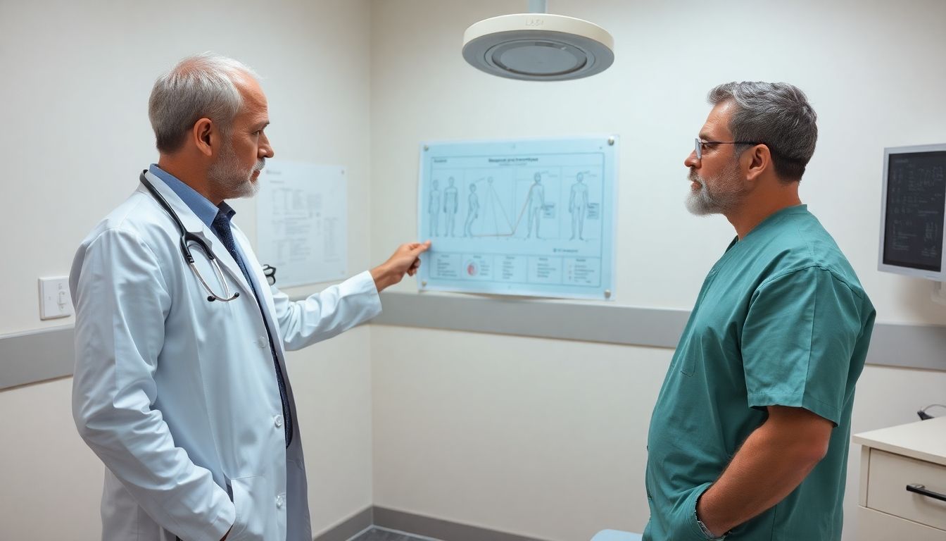 Arzt bespricht Magenverkleinerung mit übergewichtigem Patienten