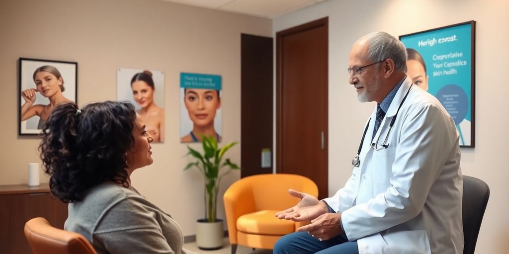 Patient und Arzt in einer hellen Arztpraxis.