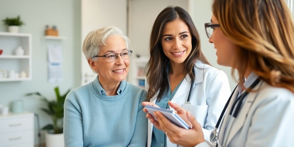 Polymyalgia rheumatica: Patient und Arzt in einer hellen Arztpraxis.