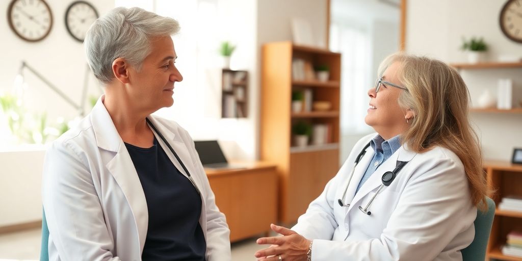 Schilddrüsenunterfunktion und Herzgesundheit: Patient und Arzt im hellen medizinischen Praxisraum.