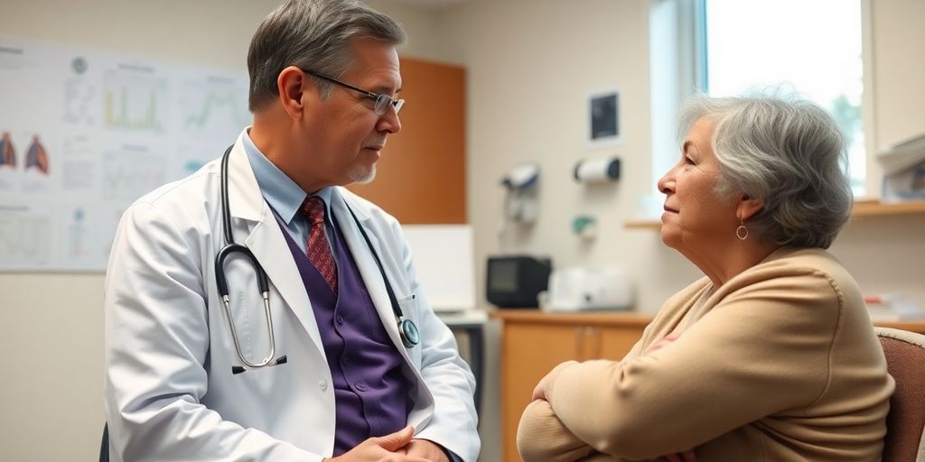 Patient und Arzt im hellen Untersuchungsraum zur Pleuritis.