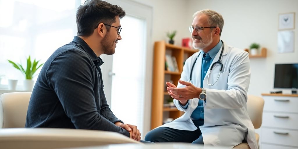 Stottern Alternative Therapien: Patient und Arzt im hellen medizinischen Raum.