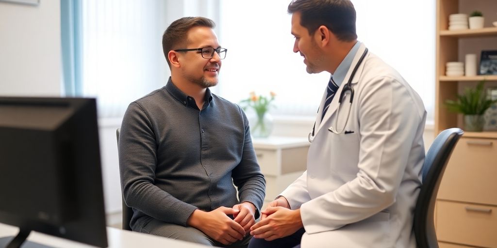 Schambeinentzündung bei Männern: Patient und Arzt in einer hellen Arztpraxis.