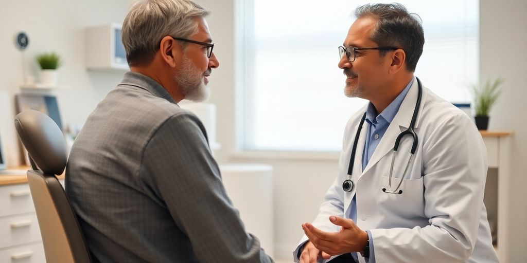 Schambeinentzündung: Patient und Arzt in heller medizinischer Praxis.