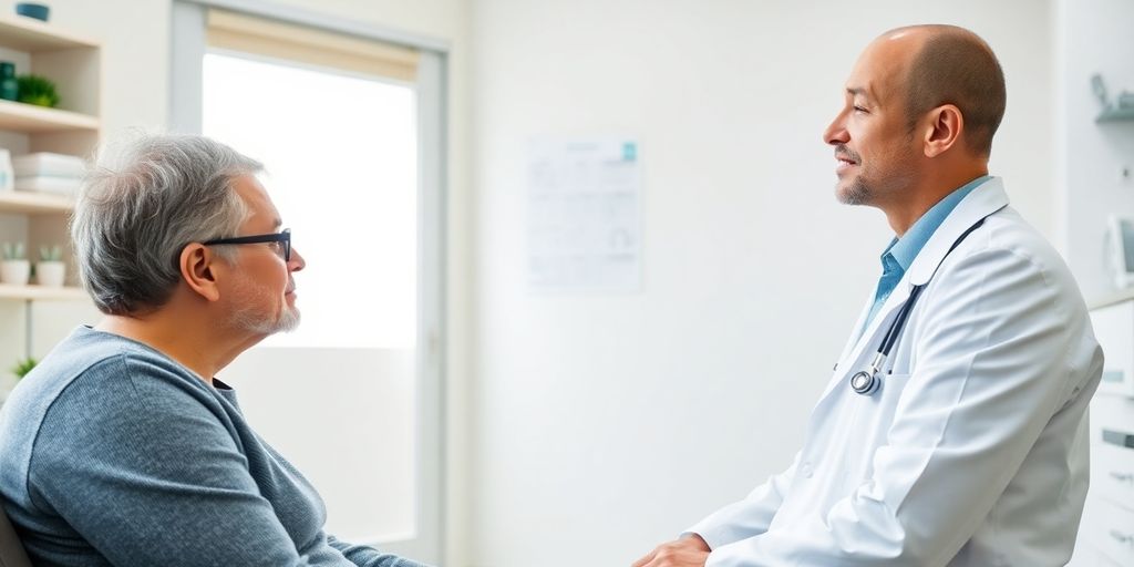 Typhus und Paratyphus im Vergleich: Patient und Arzt in einer hellen Arztpraxis.