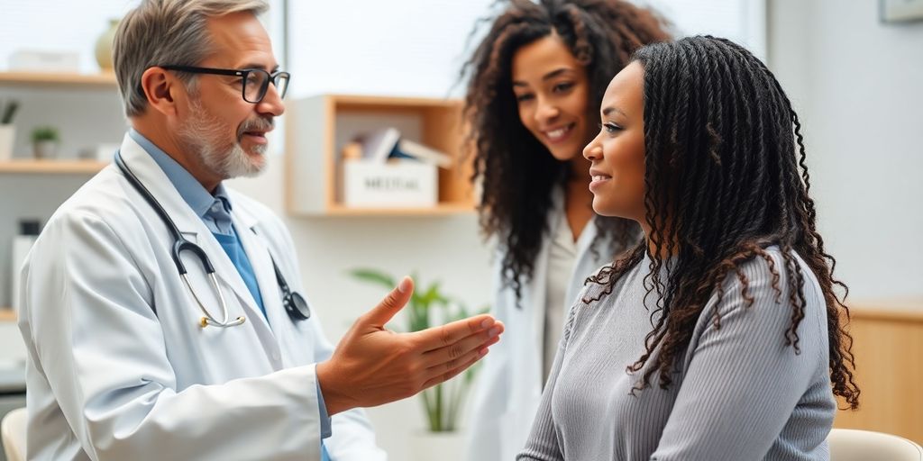 Typhus und das Immunsystem: Patient und Arzt in einer hellen Arztpraxis.