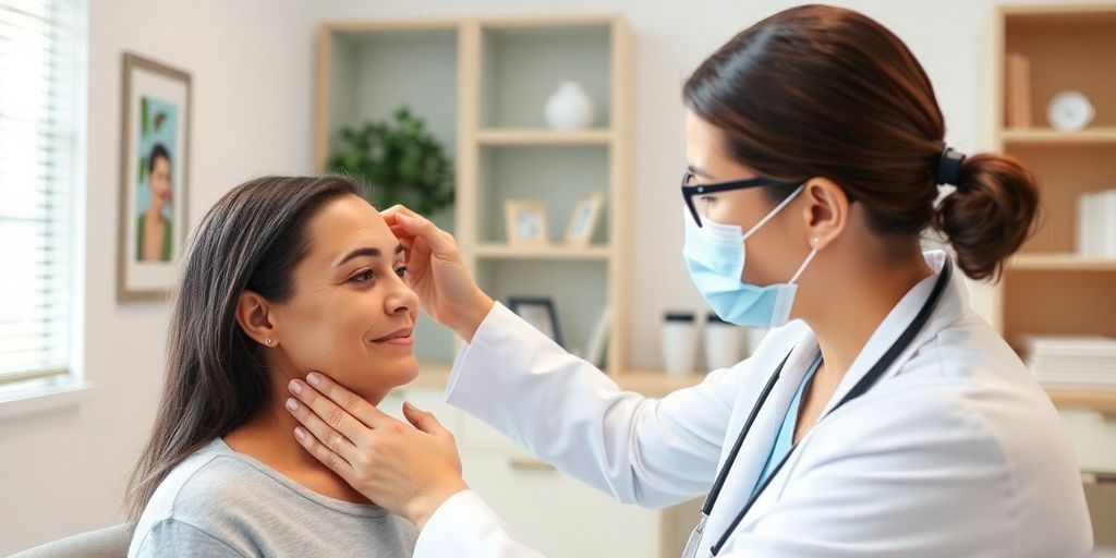 Mythen und Missverständnisse über Pityriasis versicolor: Patient und Arzt in heller Arztpraxis bei Untersuchung.