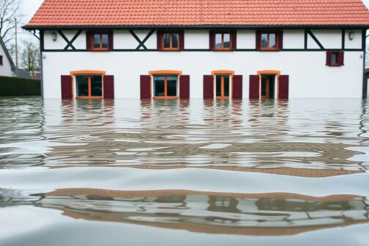 Haus vor Wasser stehend, Elementarschaden-Police