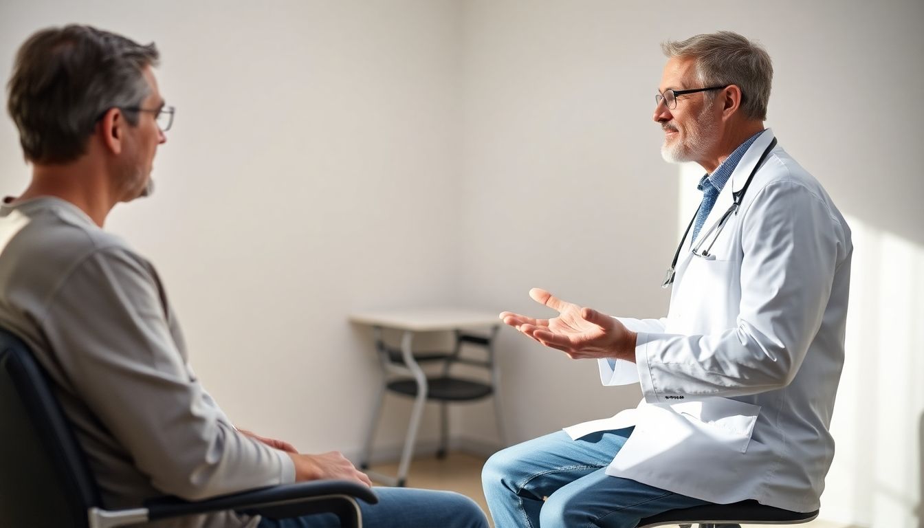 Arzt spricht mit Patient über Magensonde in heller Praxis.