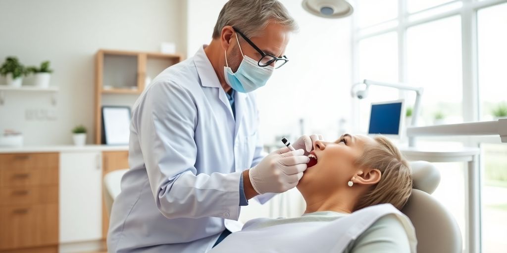 Kosten der Behandlung einer Zahnwurzelentzündung: Patient und Zahnarzt in einer hellen Praxis.