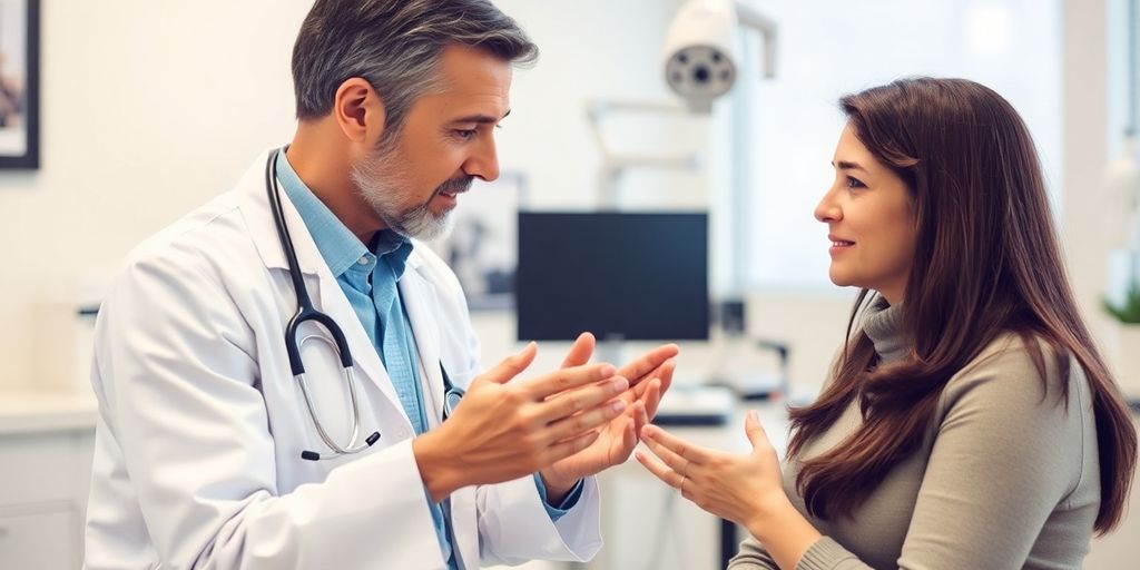 Behandlungen für trockene Augen: Patient und Arzt in einer hellen Arztpraxis.