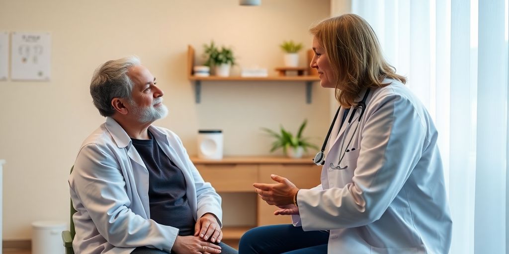 Pneumothorax und alternative Heilmethoden: Patient und Arzt in einer hellen Arztpraxis.