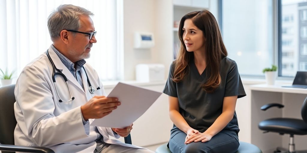 Osteomyelitis: Patient und Arzt in heller medizinischer Praxis im Gespräch.