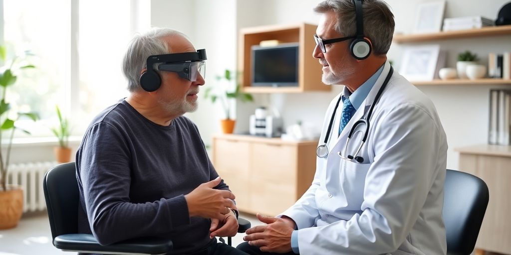 Patient und Arzt in einer modernen medizinischen Praxis.