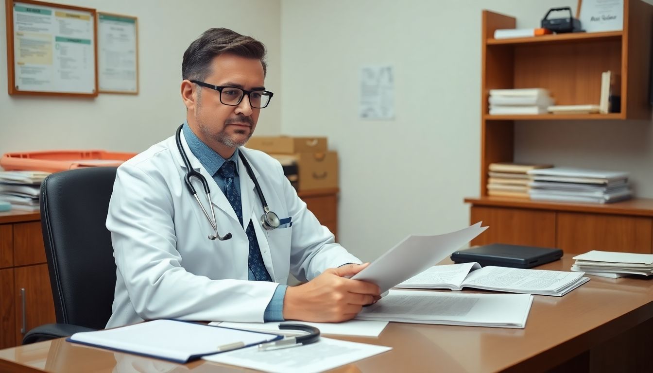 Symptome von Polycythaemia vera: Arzt sitzt am Schreibtisch