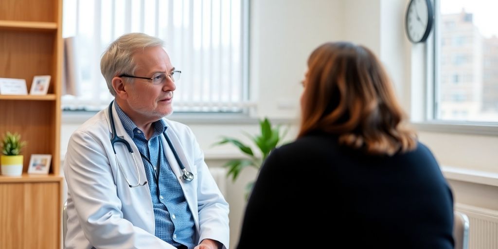 Zwangsstörung: Der Weg zur Besserung. Arzt und Patient im hellen Behandlungsraum.
