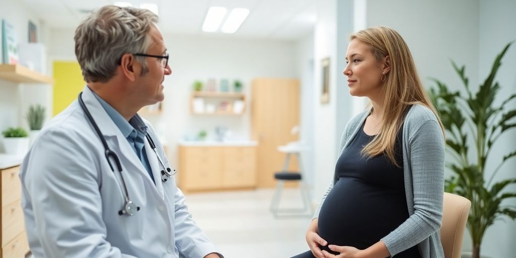 Präeklampsie und Eklampsie: Patient und Arzt in einer hellen Arztpraxis.