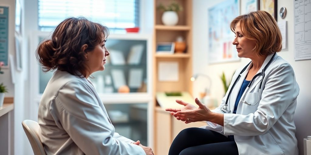 PMS: Patient und Arzt in einer hellen Arztpraxis.