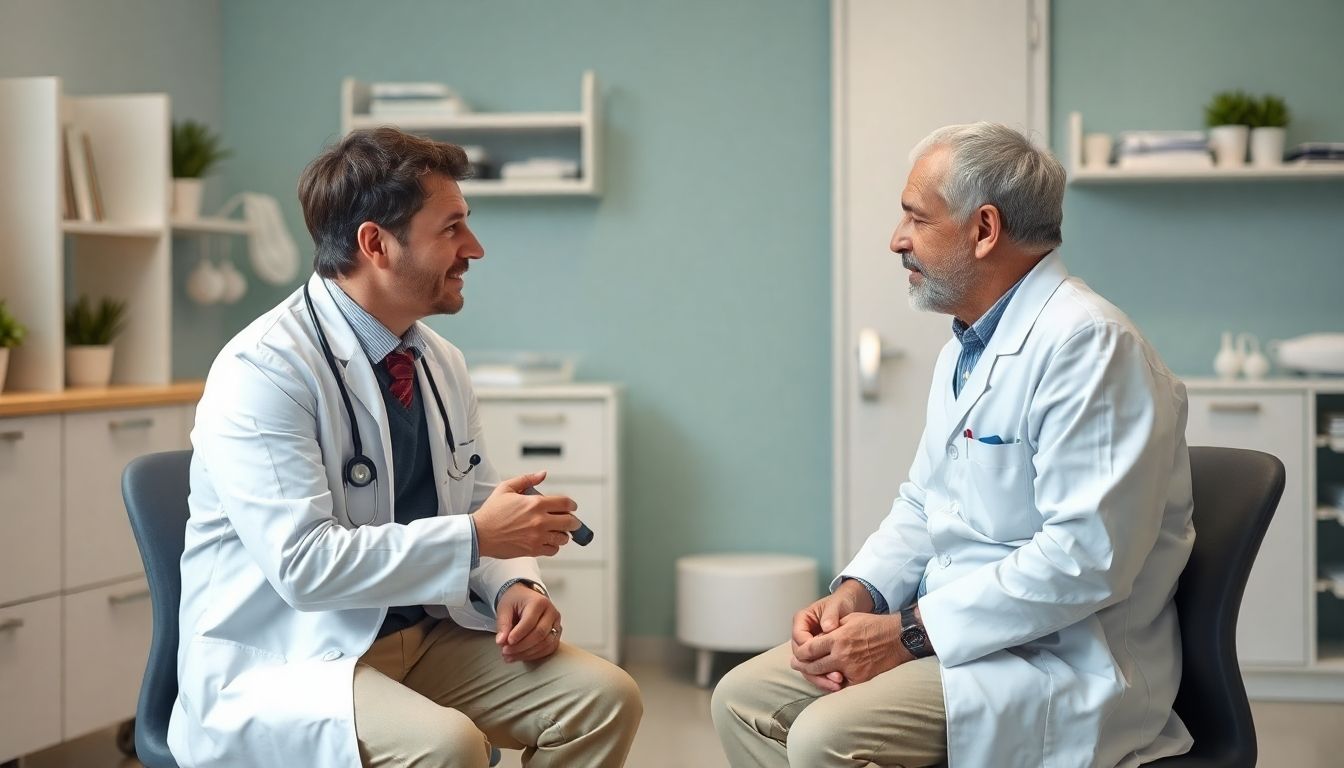 Hemikolektomie: Arzt und Patient sprechen in einer hellen Praxis.