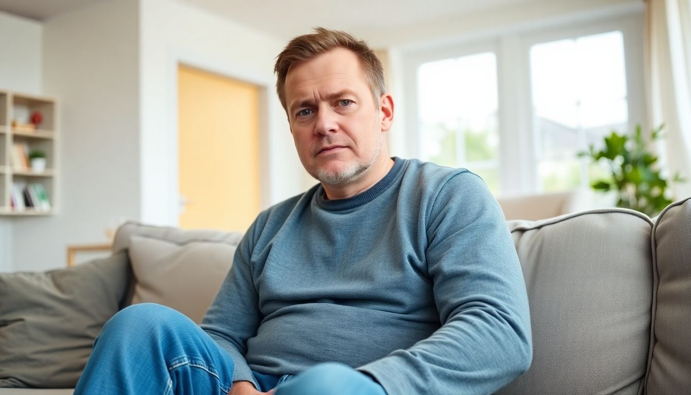 Fiebertherapie: Man relaxing on a sofa at home, feeling unwell.