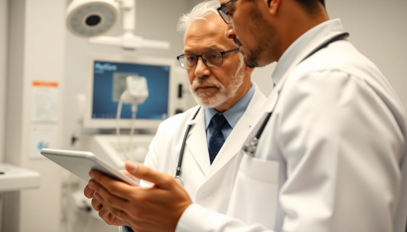 Diagnose der Pest: Doctor with a tablet in a medical environment.