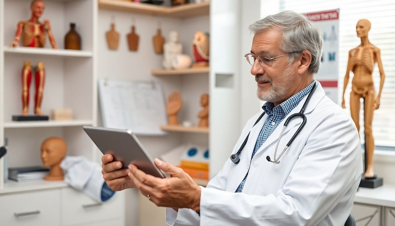 Diagnoseverfahren bei rheumatoider Arthritis: Arzt mit Tablet